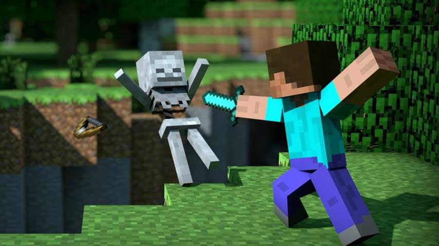 Steve fighting a skeleton in Minecraft with an enchanted diamond sword