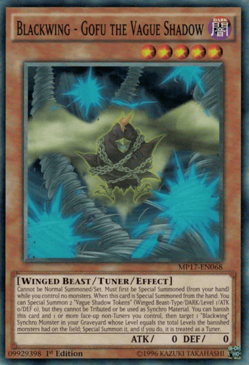 Blackwing Gofu the Vague Shadow, one of the best level 5 monsters in Yugioh