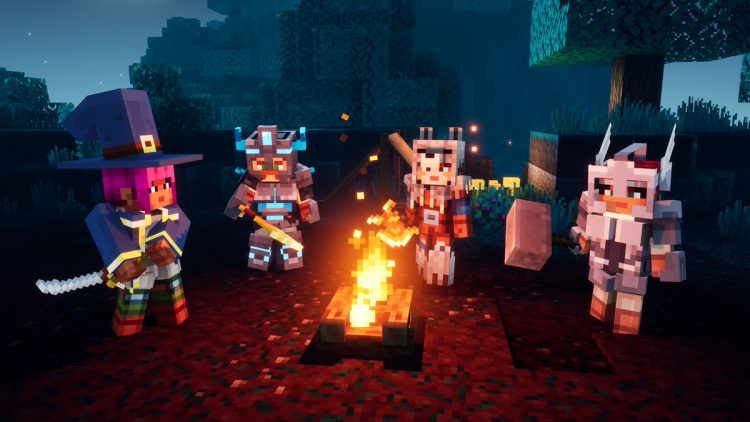 4 Minecraft Dungeons Characters Gathered Around a Camp Fire