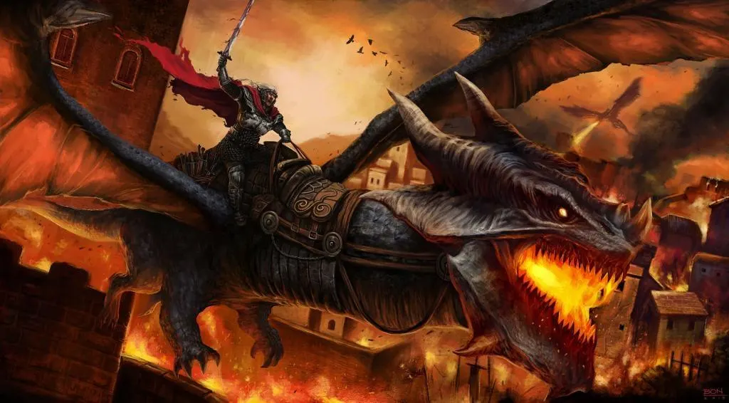 Aegon Riding a Dragon Above a Burning City Wielding a Sword